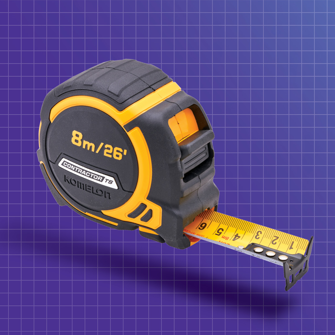 Product photograph of KOMELON 8m (26ft) Contractors Tape with FREE Belt Clip 
