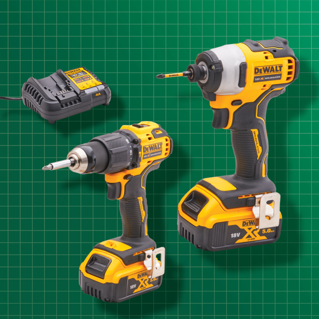 Product photograph of DEWALT 18V Combi Drill & Impact Driver with 2 x 5.0Ah Li-Ion Battery 